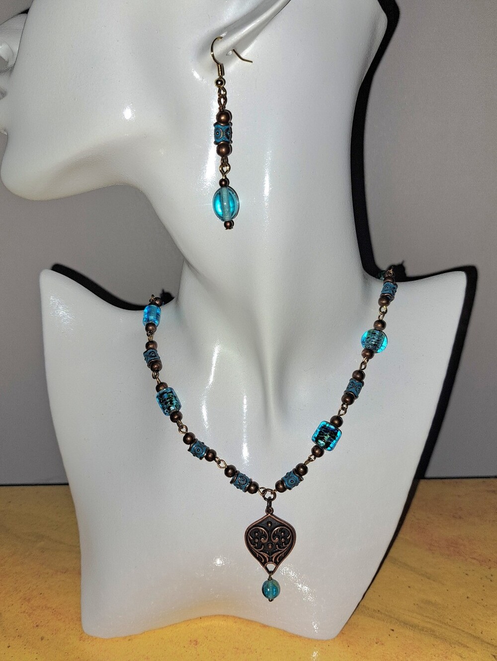 Earrings & Pendant Necklace with Turquoise Patina Metal & Turquoise Glass Beads